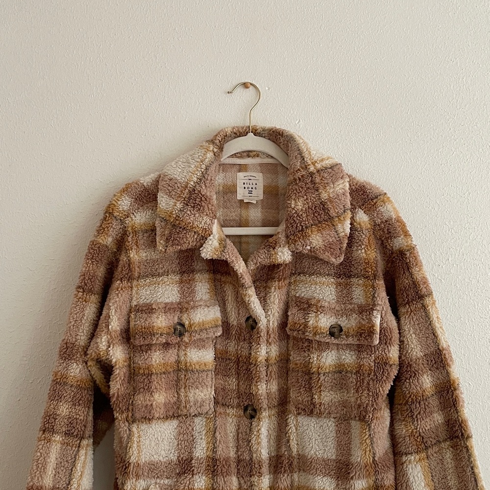 Billabong Shirt Jacket Teddy Fleece Button Up Tan Cream Coastal Beach - Picture 5 of 16